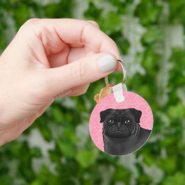 Chaveiro Cabeça de Pug Preto Close-Up em Corações de Amor R