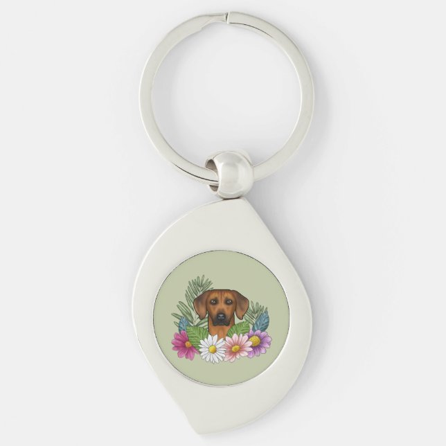 Chaveiro Cabeça de Rhodesian Ridgeback Colorida com Florais (Frente)