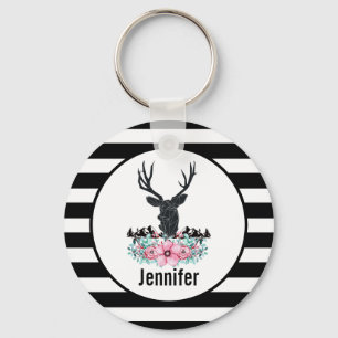 Chaveiro Cabeça de veado preta com flores e montanhas cor-