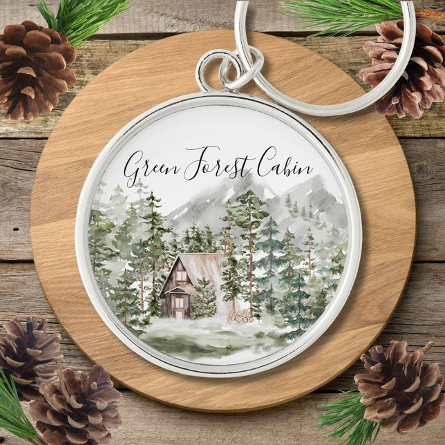 Chaveiro Cabina de Aquarela na Floresta de Pinheiros Verdes (Close up)