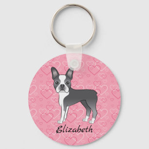 Chaveiro Cachorro Azul "Boston Terrier" Em Corações E Nome