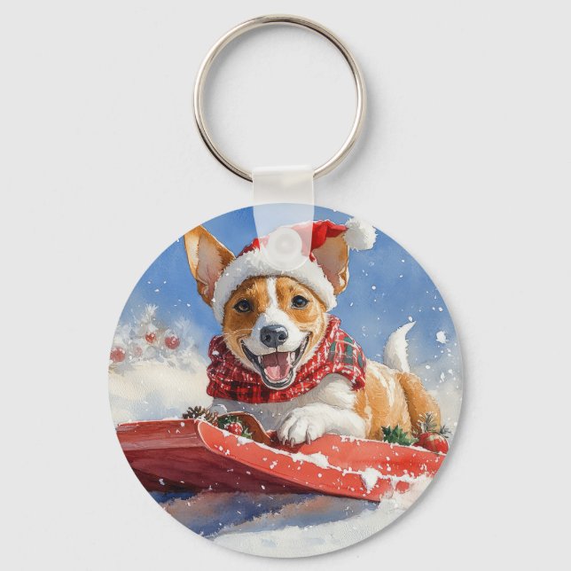 Chaveiro Cachorro Basenji no Trenó Deixe Nevar Natal (Frente)