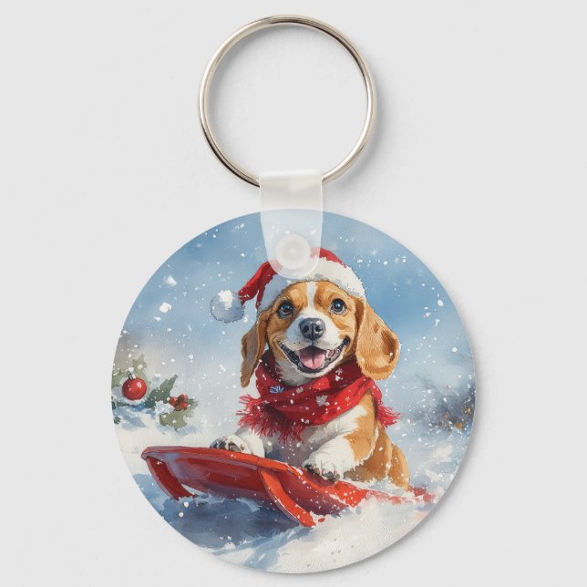 Chaveiro Cachorro Beagle no Trenó Deixe Nevar Natal (Frente)