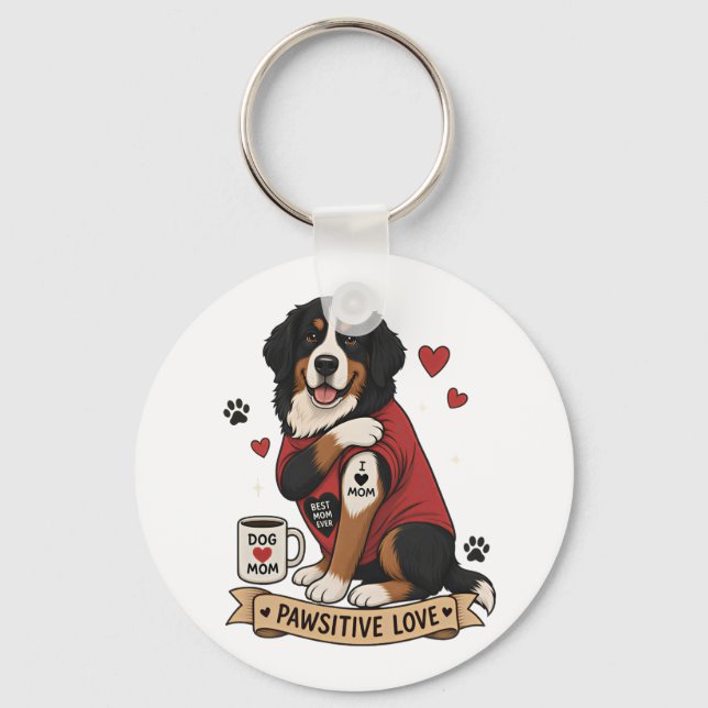 Chaveiro Cachorro Bernês com Ilustração de Tatuagem Eu Amo  (Frente)