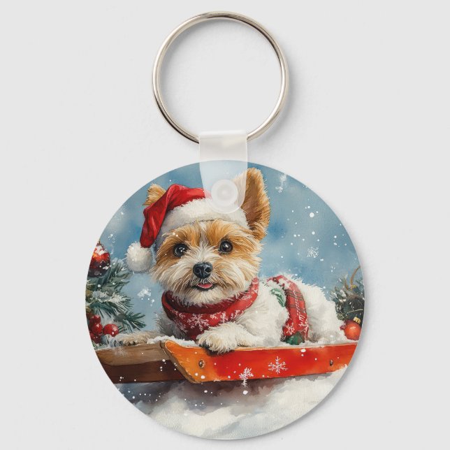 Chaveiro Cachorro Biewer Terrier no Trenó Deixe Nevar Natal (Frente)
