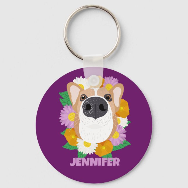 Chaveiro Cachorro Corgi com Flores Púrpura Personalizado (Frente)