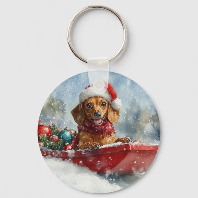 Chaveiro Cachorro Dachshund em Trenó Deixe Nevar Natal (Frente)