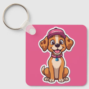 Chaveiro Cachorro de Cartoon Doce - Puppy feliz no Boné Sti