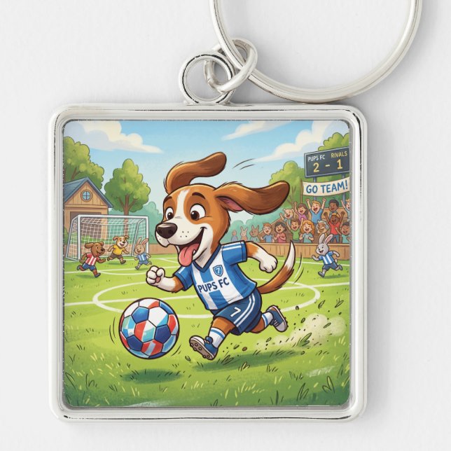 Chaveiro Cachorro de Desenho Animado Jogando Futebol (Frente)