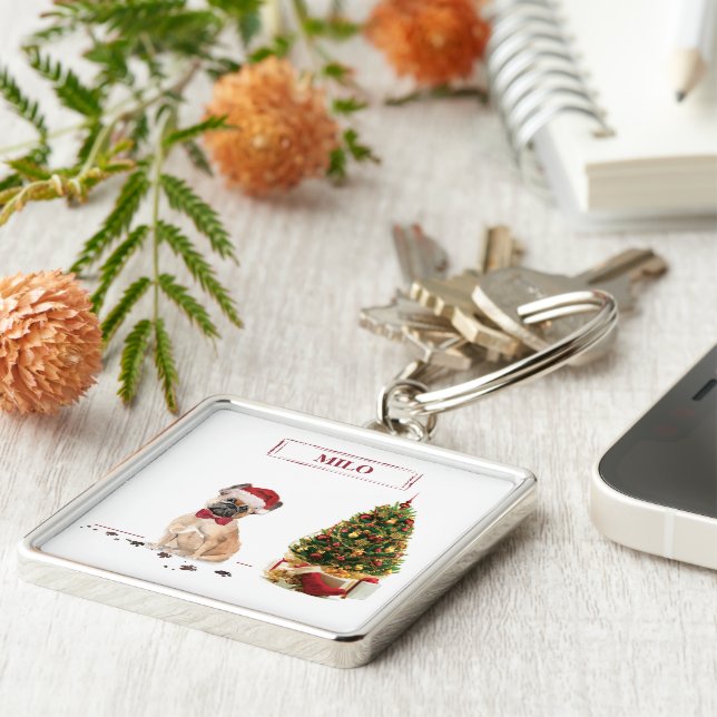 Chaveiro Cachorro de Natal Engraçado, Francês, com Árvore (Lateral)