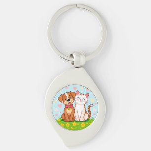 Chaveiro Cachorro e Gato de Desenho Animado Fofo Sentados J