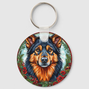 Chaveiro Cachorro Festivo em uma Grinalda Floral de Natal