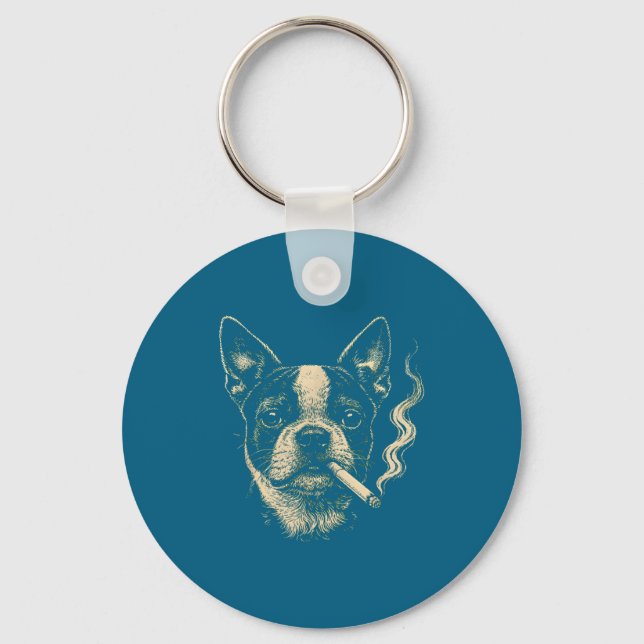 Chaveiro Cachorro Fumando Cigarro Engraçado Design Boston (Frente)