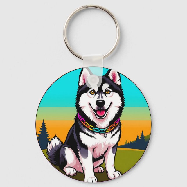 Chaveiro Cachorro Husky de Desenho Fofo com Coleira (Frente)