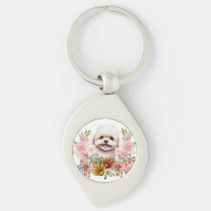 Chaveiro Cachorro Maltês com Flores, Cachorro Maltês