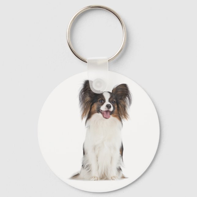 Chaveiro Cachorro Papillon Feliz Marrom e Branco (Frente)