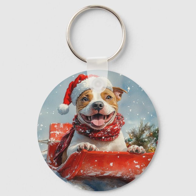 Chaveiro Cachorro Pitbull no Trenó Deixe Nevar Natal (Frente)
