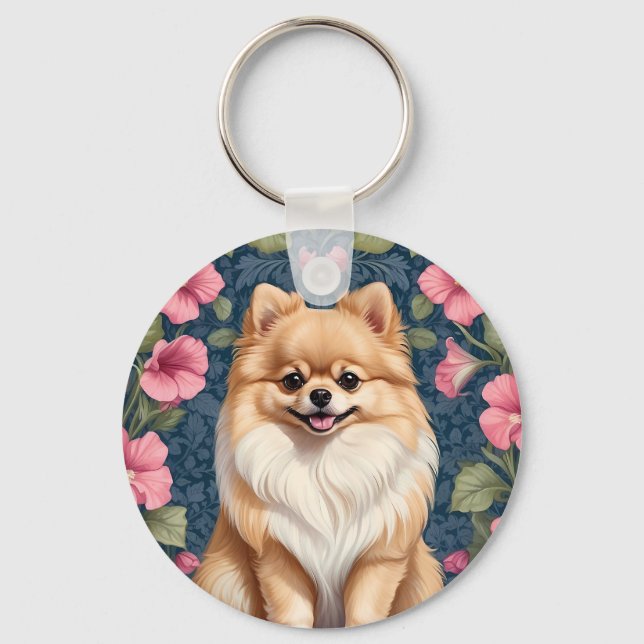 Chaveiro Cachorro Pomerano Cachorro Com Petunias Rosa (Frente)