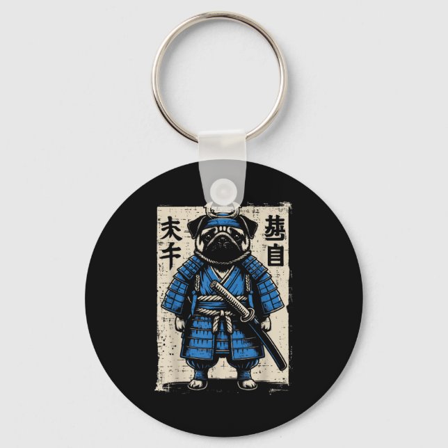 Chaveiro Cachorro Pug Samurai Engraçado Guerreiro Japonês A (Frente)
