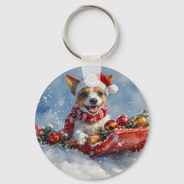 Chaveiro Cachorro Rat Terrier no Trenó Deixe Nevar Natal  (Frente)