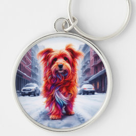 Chaveiro Cachorro vermelho descendo a rua de inverno de nev