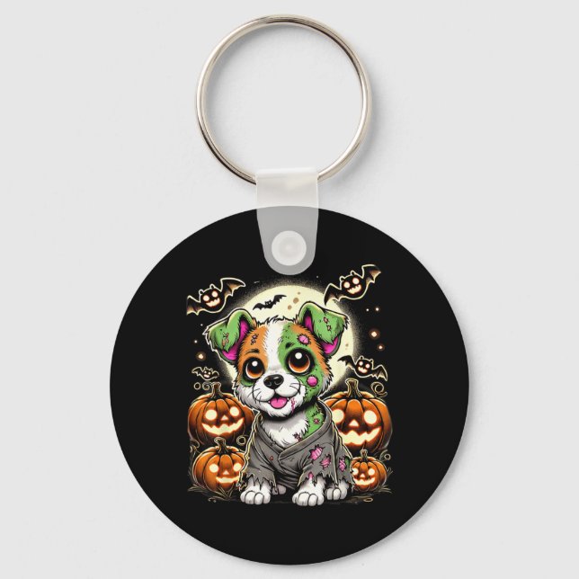 Chaveiro Cachorro Zombie Fofo Com Abóboras E Morcegos Hallo (Frente)