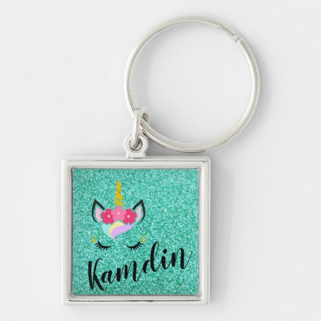 Chaveiro Cadeia de Chave de Glitter Teal Unicorn Personaliz (Frente)
