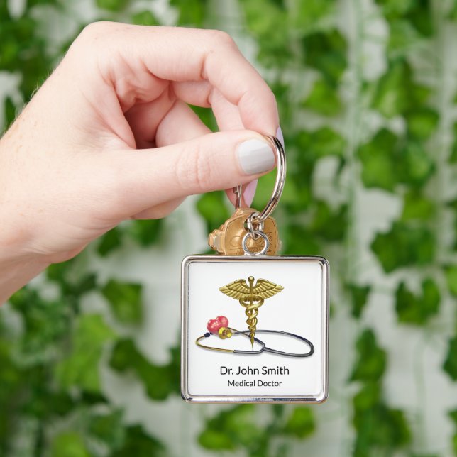 Chaveiro Caduceu Médico Dourado & Estetoscópio com Coração (Mão)