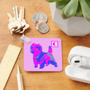 Chaveiro Cairn Terrier Dog Pink & Blue Silhouette Monograma