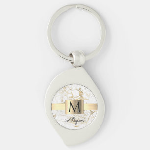 Chaveiro Caixa Dourada Mármore Branco & Dourado, Monograma