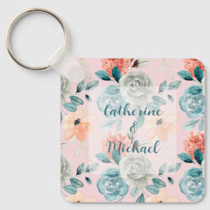 Chaveiro Caligrafia Floral Elegante Blush Rosa