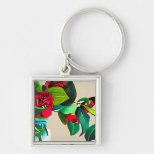 Chaveiro Camélias vermelhas com a flor verde da aguarela d