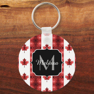 Chaveiro Canadá flag red sparkles, padrão Monograma