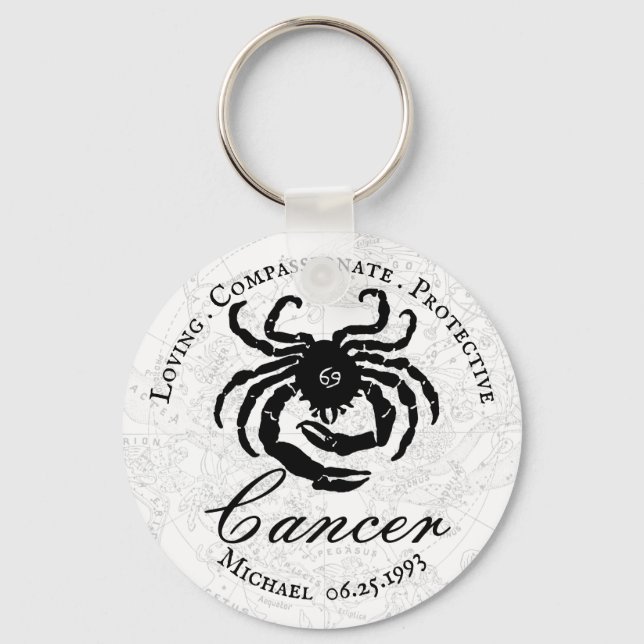Chaveiro Cancer Zodiac Astrologia Traços Pretos Branco Pers (Frente)