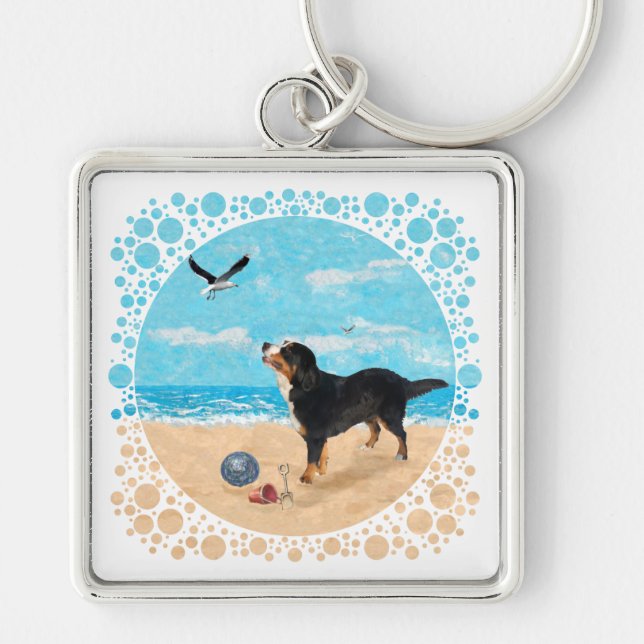 Chaveiro Cão Bernês na Praia (Frente)