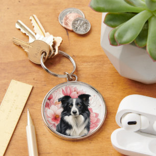 Chaveiro Cão Border Collie e Lírios Rosa Ousados