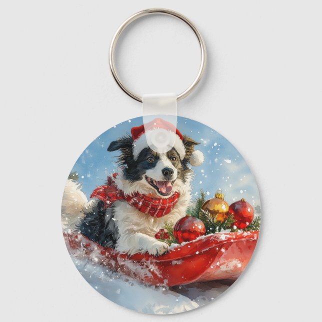 Chaveiro Cão Border Collie em Trenó Deixe Nevar Natal  (Frente)