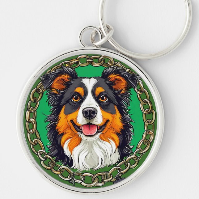Chaveiro Cão border collie em um fundo verde com corrente (Frente)