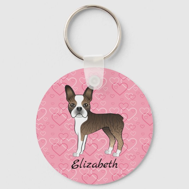 Chaveiro Cão Boston Terrier Brindle em Corações Cor-de-Rosa (Frente)