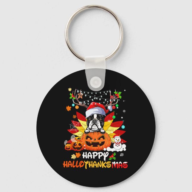 Chaveiro Cão Boston Terrier Halloween E Feliz Natal  (Frente)