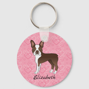 Chaveiro Cão Boston Terrier Marrom Em Corações Rosas E Nome