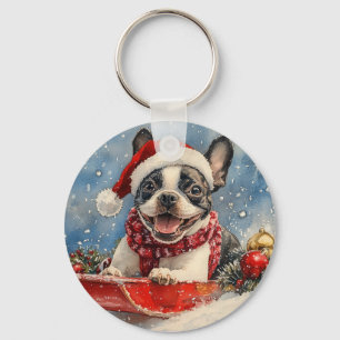 Chaveiro Cão Boston Terrier no Trenó Deixe Nevar Natal
