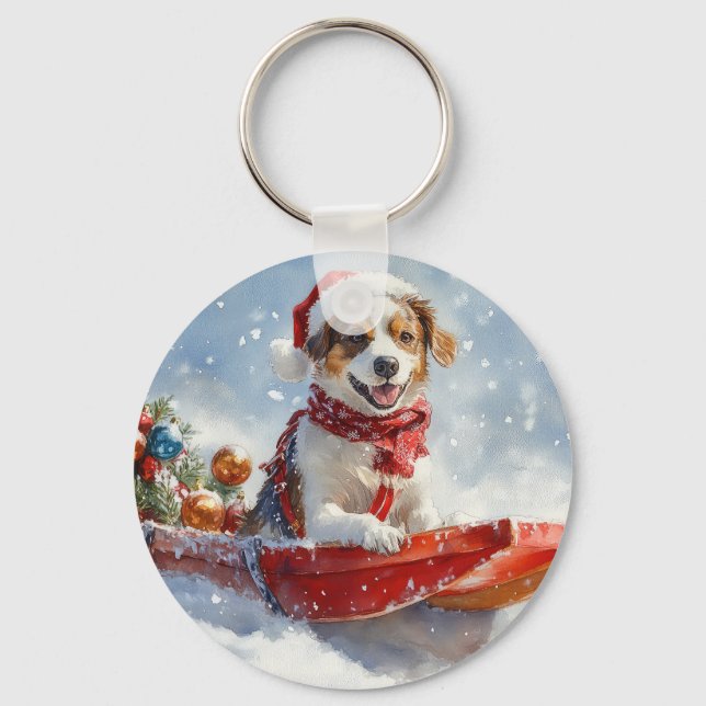 Chaveiro Cão Brittany Spaniel em Trenó de Natal (Frente)