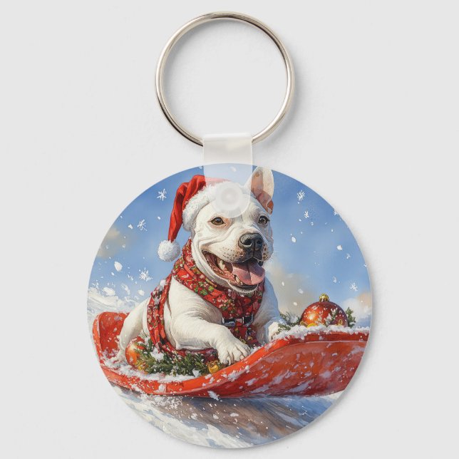 Chaveiro Cão Bull Terrier no Trenó Deixe Nevar Natal (Frente)