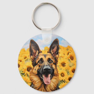 Chaveiro cão german shepherd nos girassóis