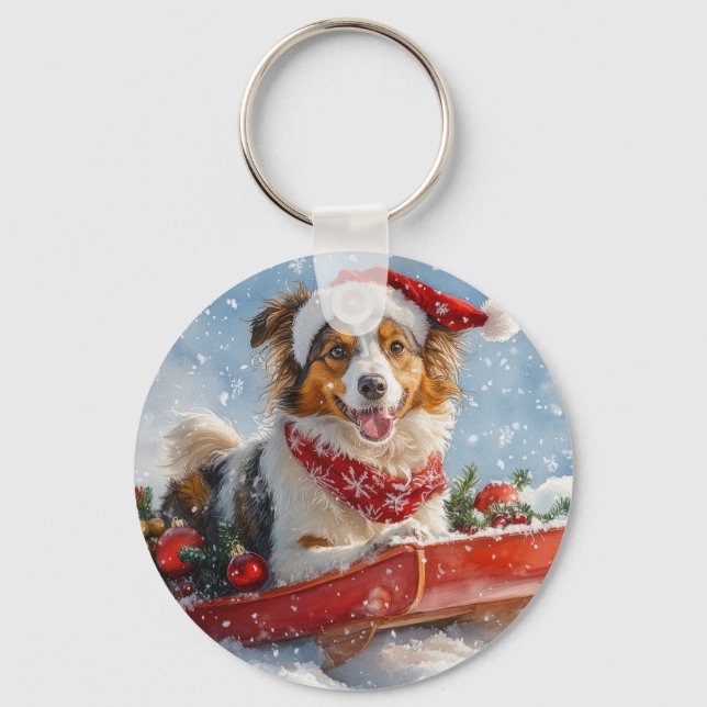 Chaveiro Cão Rough Collie em Trenó Deixe Nevar Natal (Frente)