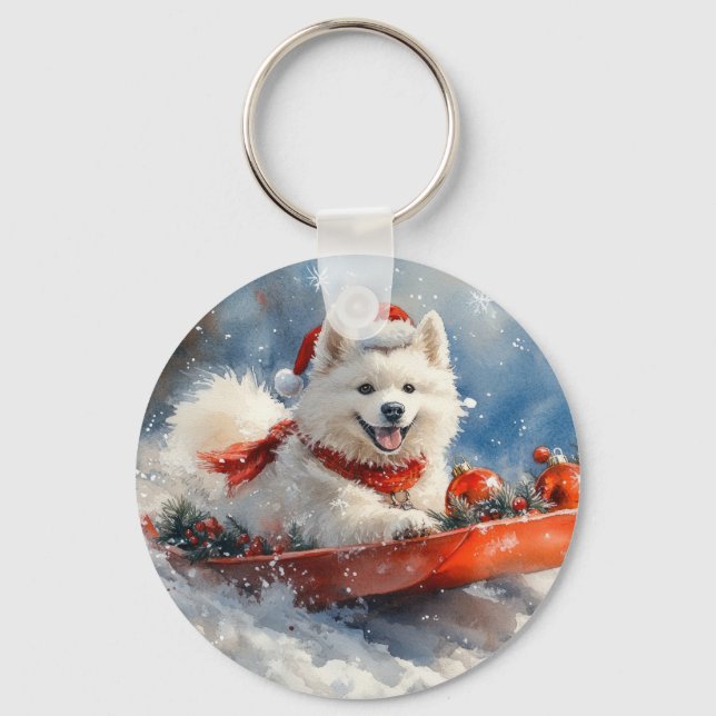 Chaveiro Cão Samoyed em Trenó Deixe Nevar Natal (Frente)