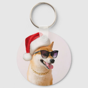 Chaveiro Cão Shiba Inu em Papai Noel chapéus vermelhos