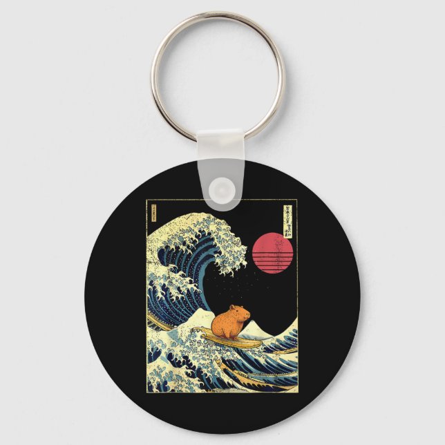 Chaveiro Capybara Japanese Kanagawa Wave Funny Surf Animal  (Frente)