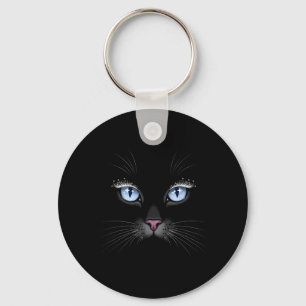 Chaveiro Cara de Gato Preto Olhos Azuis Cílios Brilhantes G